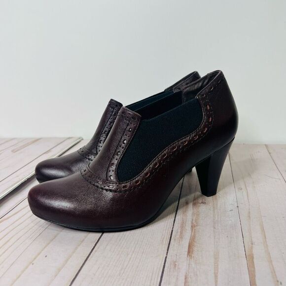 Clark’s Indigo Mahogany Leather Pump Heels Ankle Booties - Picture 1 of 12